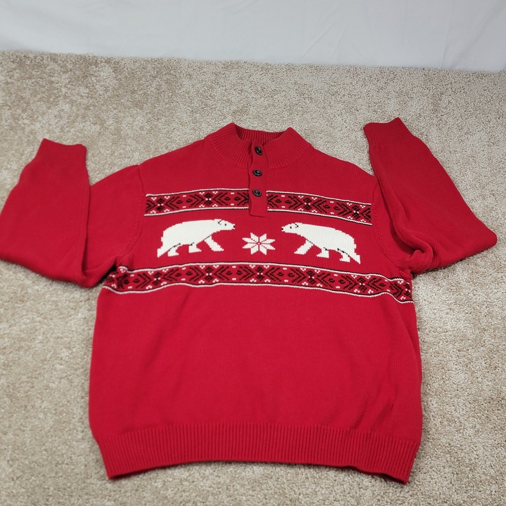 Chaps Mens  Polar Bear Red Nordic Pattern Knit 3 Button Mock Neck Sweater Sz L